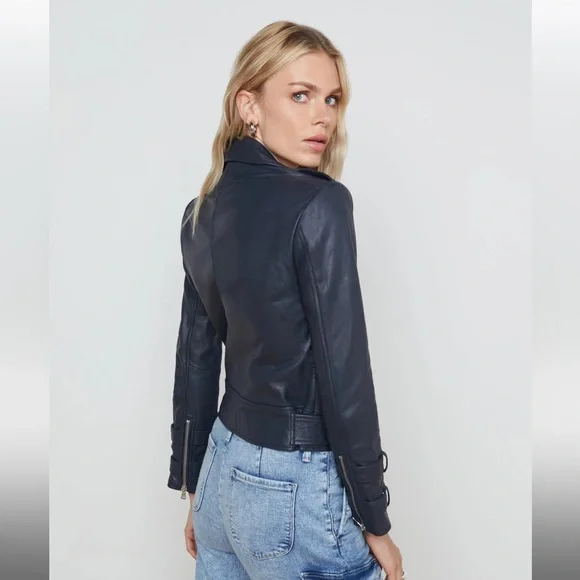 L'AGENCE Billie Belted Leather Jacket  /Coat Midnight Navy XS - Picture 8 of 14